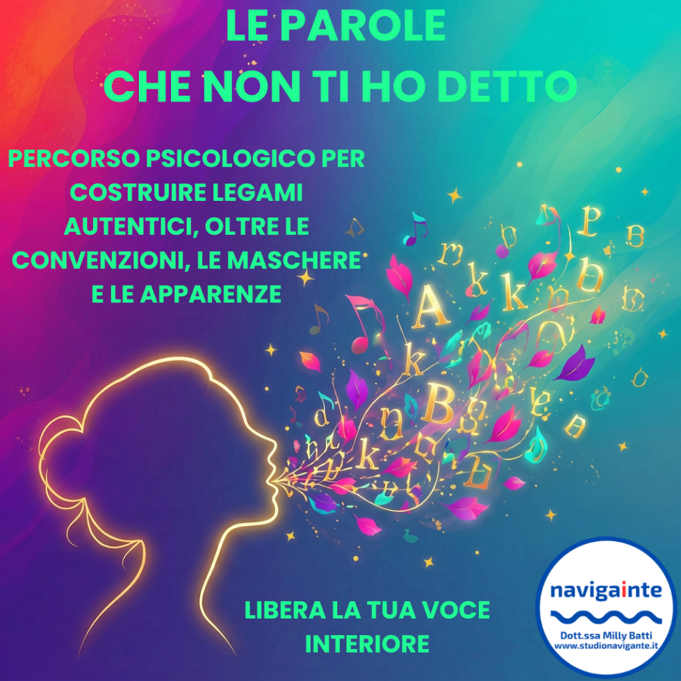 Profilo di una donna che soffia lettere dell'alfabeto colorate per il percorso psicologico Le parole che non ti ho detto per costruire legami autentici, oltre le convenzioni, le maschere e le apparenze Dott.ssa Milly Batti Studio Navigante