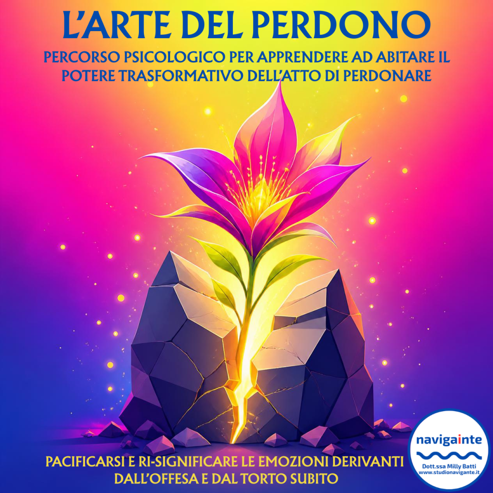 Fiore luminoso rosa e viola che sboccia da una roccia spaccata per il percorso psicologico L'Arte del Perdono per apprendere ad abitare il potere trasformativo dell'atto di perdonare Dott.ssa Milly Batti Studio Navigante