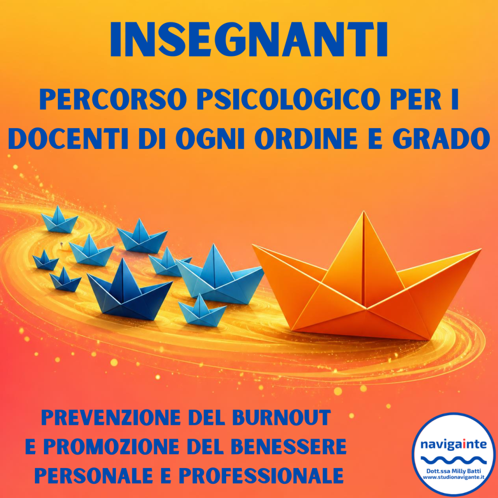 Grande barchetta di carta arancione seguita da piccole barchette blu su uno sfondo luminoso per il percorso psicologico Insegnanti per i docenti di ogni ordine e grado Dott.ssa Milly Batti Studio Navigante