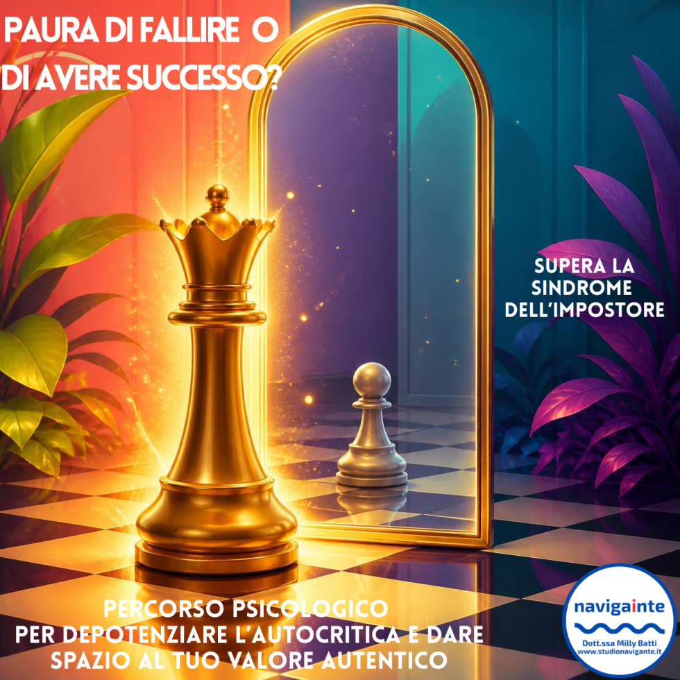 Regina degli scacchi dorata che si riflette in uno specchio come un pedone per il percorso psicologico Paura di fallire o di avere successo? Per superare la sindrome dell’impostore Dott.ssa Milly Batti Studio Navigante