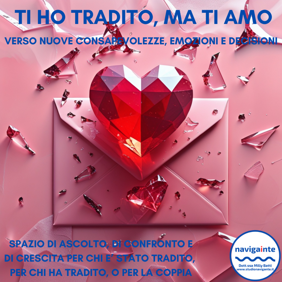 Cuore di cristallo rosso sopra una busta da lettera rosa circondata da frammenti di vetro per il percorso psicologico Ti ho tradito, ma ti amo per chi ha tradito, chi è stato tradito e per la coppia Dott.ssa Milly Batti Studio Navigante