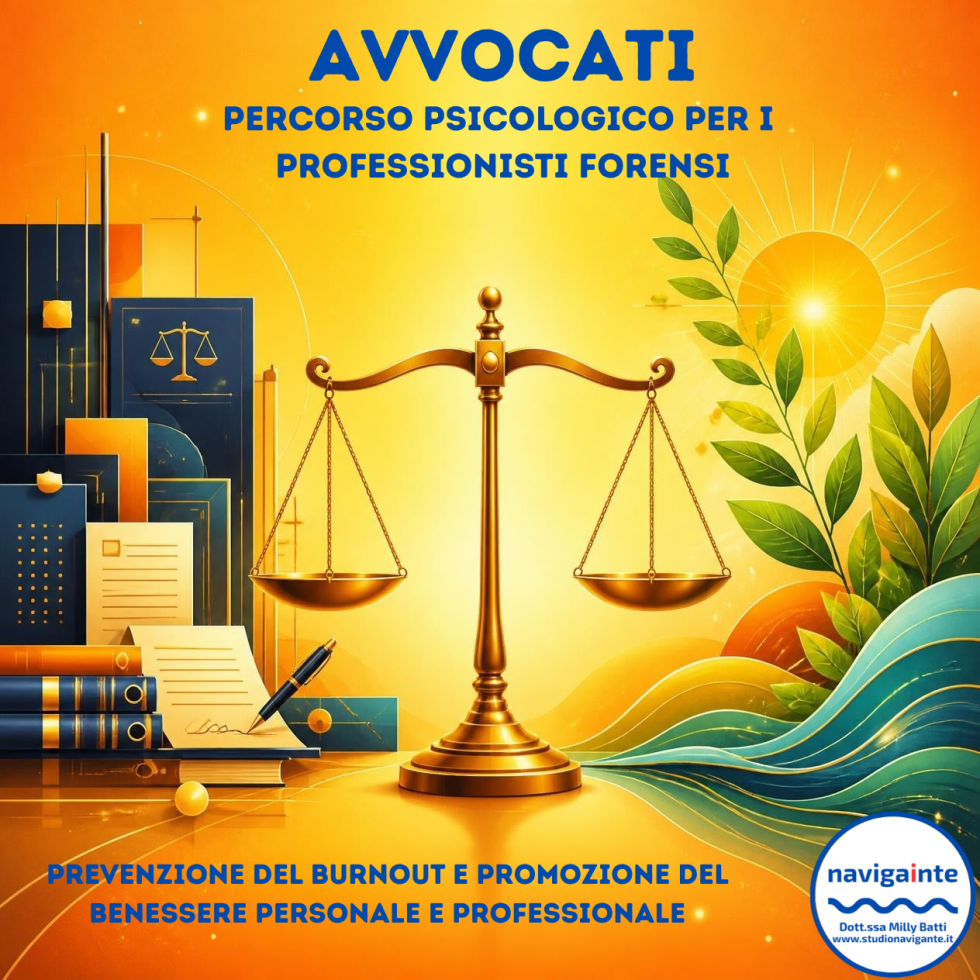 Bilancia della giustizia dorata per il percorso psicologico per i professionisti forensi Avvocati Dott.ssa Milly Batti Studio Navigante