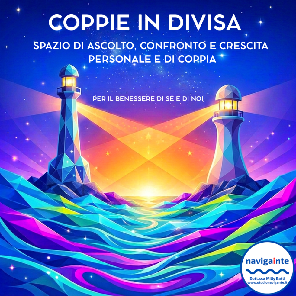 Due fari illuminati e mare geometrico colorato per lo spazio di ascolto, confronto e crescita personale e di coppia per Coppie in Divisa Dott.ssa Milly Batti Studio Navigante