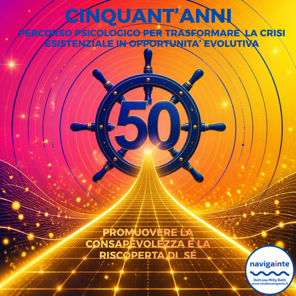 Timone di una nave blu con il numero 50 per il percorso psicologico Cinquant'anni per trasformare la crisi esistenziale in opportunità evolutiva Dott.ssa Milly Batti Studio Navigante