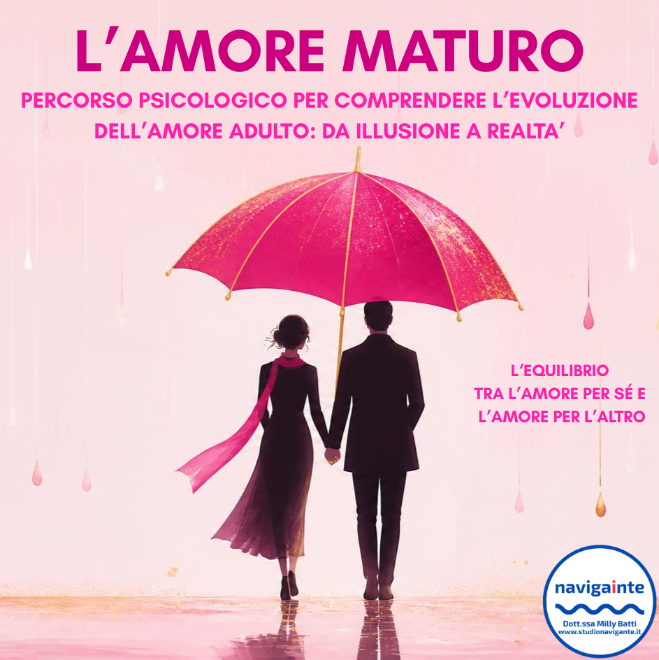Coppia di spalle sotto un ombrello rosa per il percorso psicologico L'amore maturo per comprendere l'evoluzione dell'amore adulto: da illusione a realtà Dott.ssa Milly Batti Studio Navigante
