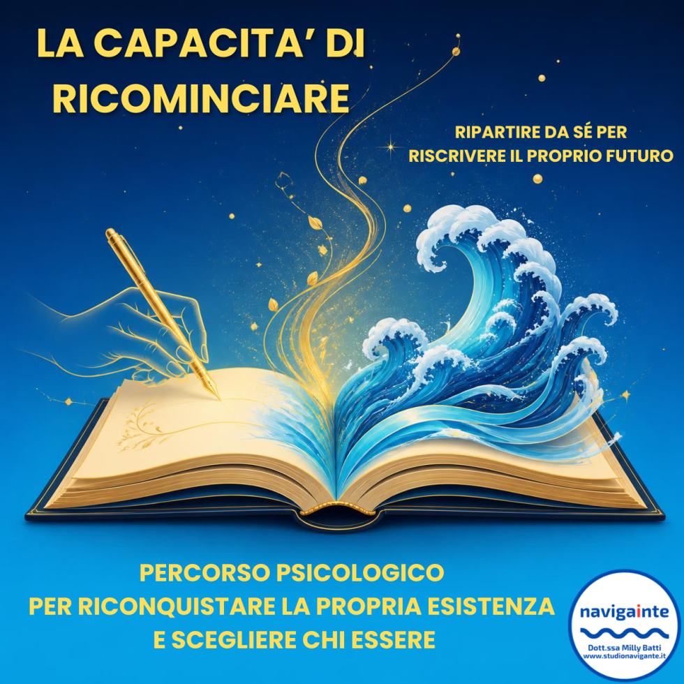 Libro aperto da cui escono onde marine e una mano dorata che scrive con una penna per il percorso psicologico La capacità di ricominciare per riconquistare la propria esistenza e scegliere chi essere Dott.ssa Milly Batti Studio Navigante